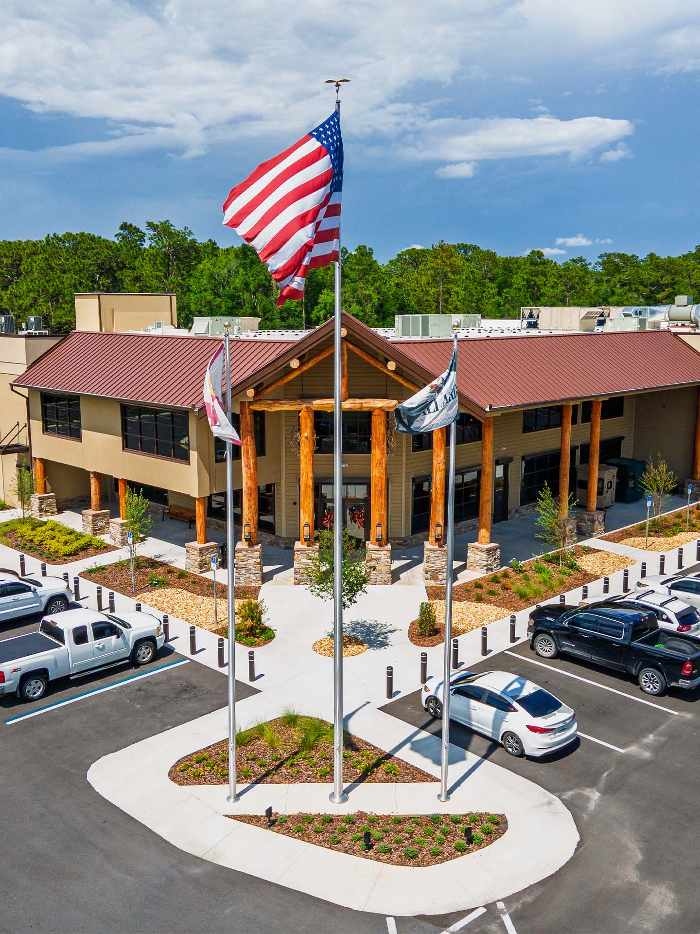 aerial retail store entrance with mallards guns and american flags